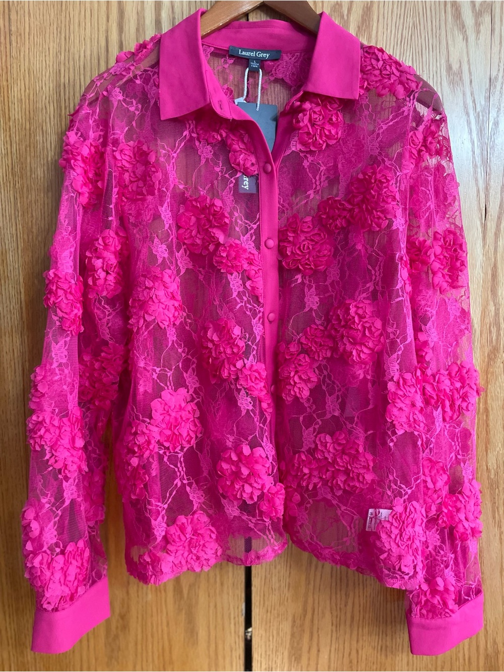 Hot Pink 3D Floral Lace Button-Down Shirt